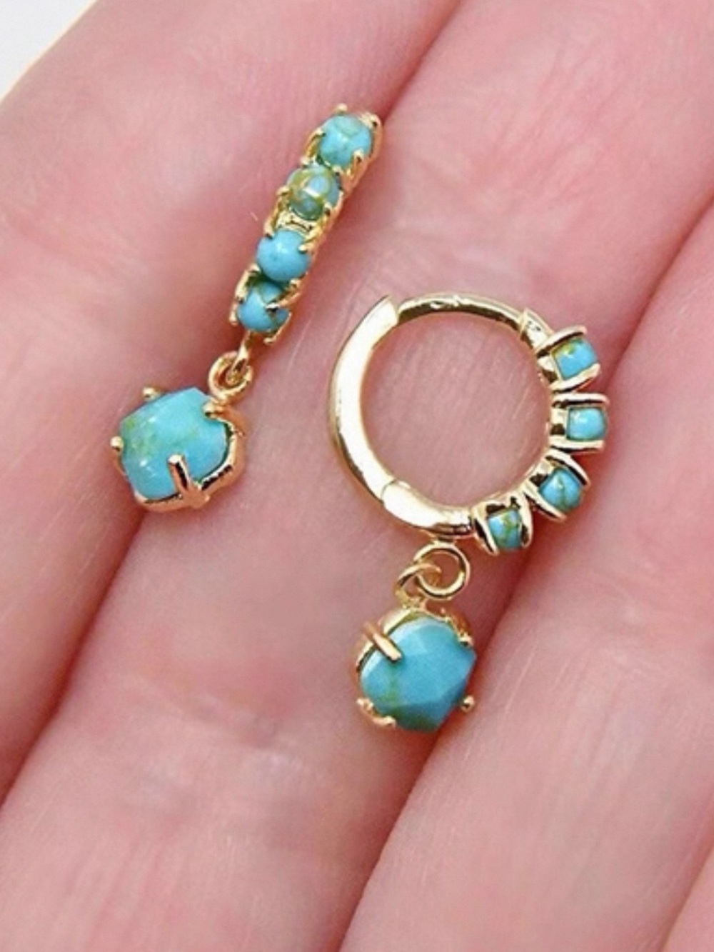 Gold Hoop Earrings with Turquoise Blue Gem Drops